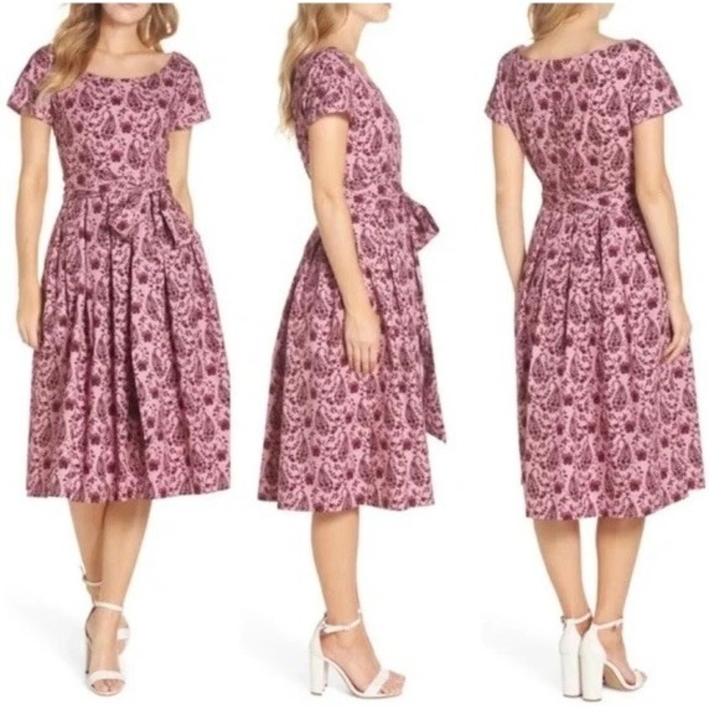 GAL MEETS GLAM Hallie Dress Paisley Floral Pink Purple Box Pleats Pockets Size 8 - Picture 14 of 15
